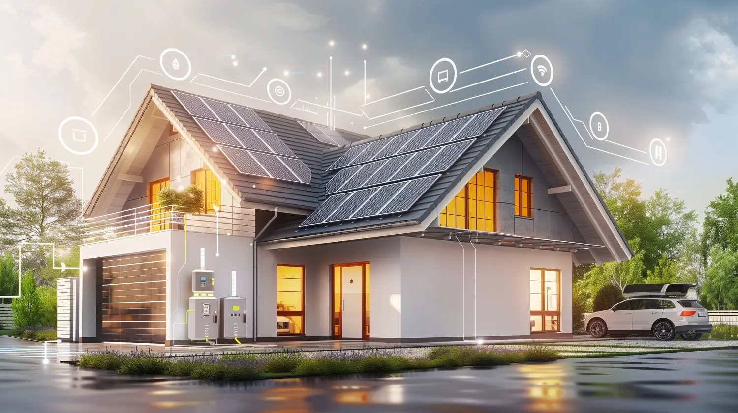 Nachhaltigkeitsillustration rettet den Planeten Erde mit umweltfreundlichen Technologien. Ein Haus mit Sonnenkollektoren und einem Elektroauto mit Batterie-Backup an der Wand.